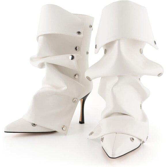 ⚡Women White Polyurethane Slouchy Stiletto High Heel Pointed Toe Fold Shark Boot - Picture 7 of 7